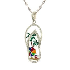 925 Sterling Silver Beach Scene Cut-out Enamel Flip-flop Necklace Charm Pendant